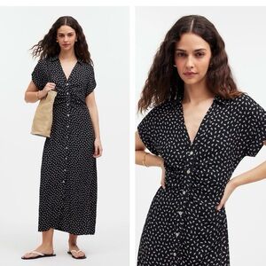 Madewell Black Floral Button-Front Midi Dress | Short Sleeve | Women’s Size XS/S